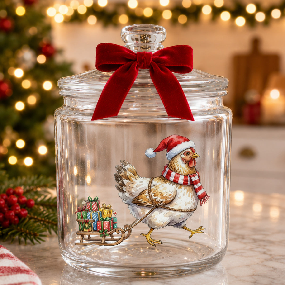 Chicken Pulling Sled Of Presents UV DTF sticker applied to a glass candy jar tied with a red bow