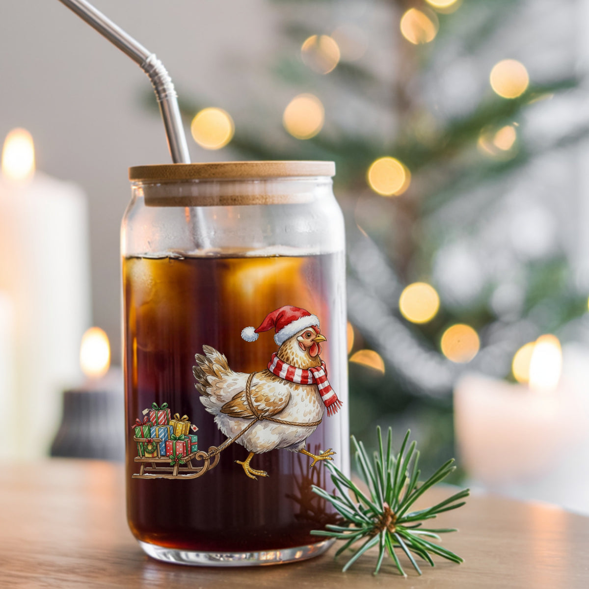 Chicken Pulling Sled Of Presents UV DTF sticker applied to a glass can cup of iced coffee with a straw