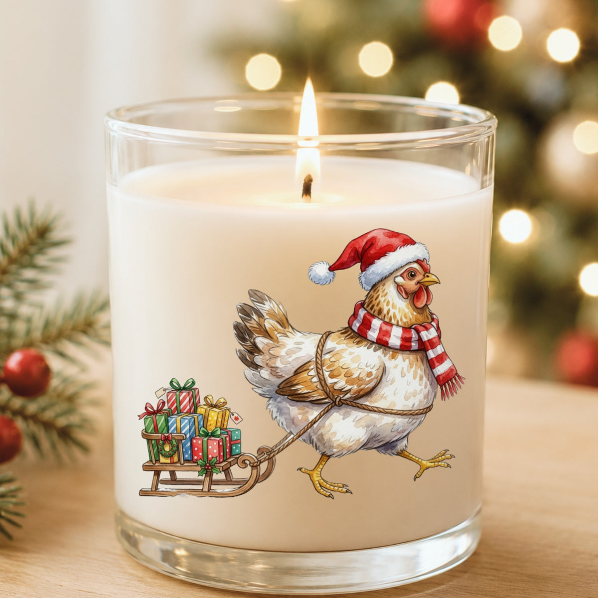 Chicken Pulling Sled Of Presents UV DTF sticker applied to a white candle in a glass holder near Christmas lights