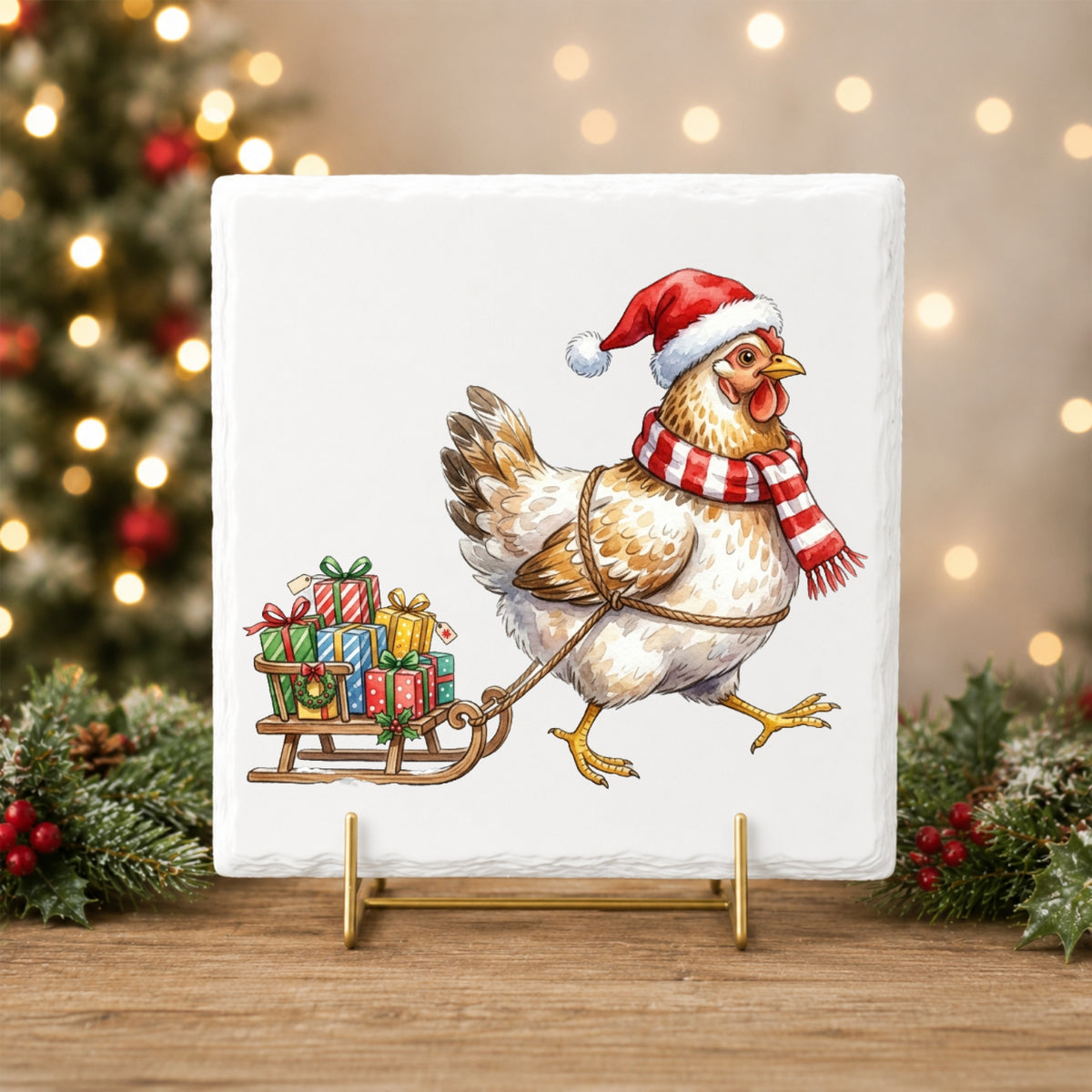 Chicken Pulling Sled Of Presents UV DTF sticker applied to a white tile on a gold stand