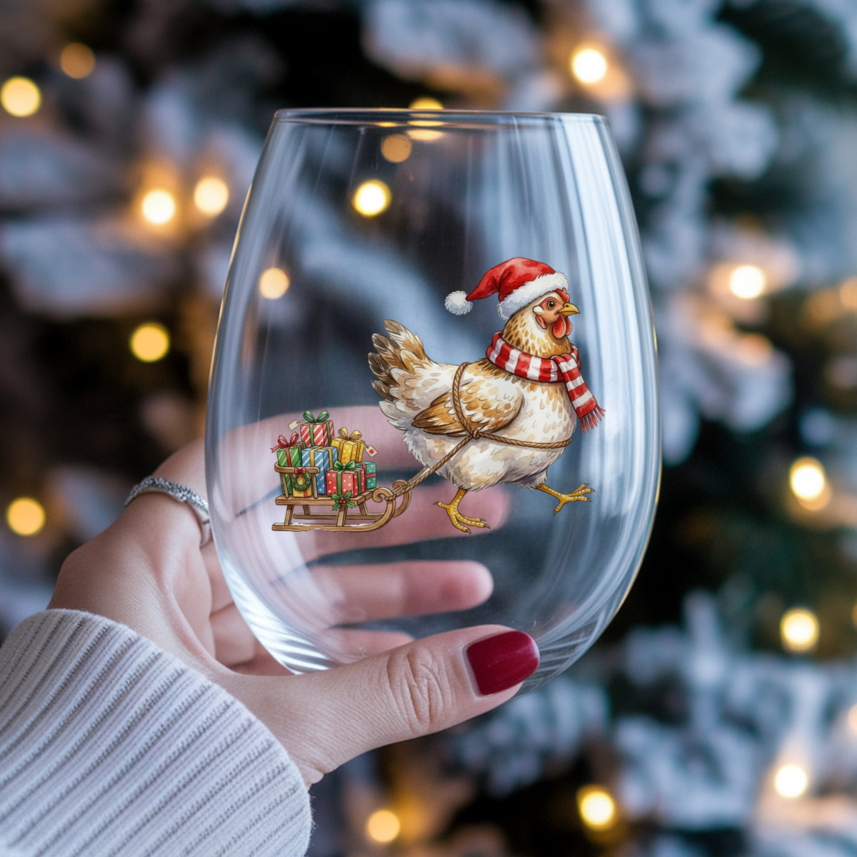 Chicken Pulling Sled Of Presents UV DTF sticker applied to a stemless wine glass held in hand