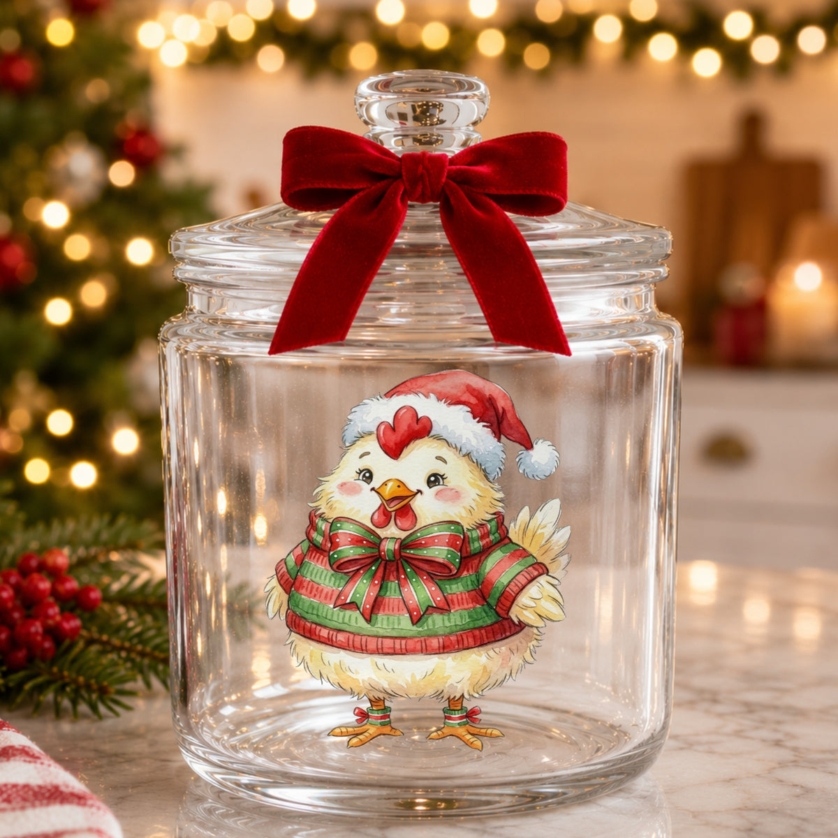 Chick In Striped Sweater With Bow UV DTF sticker applied to a glass candy jar tied with a red bow
