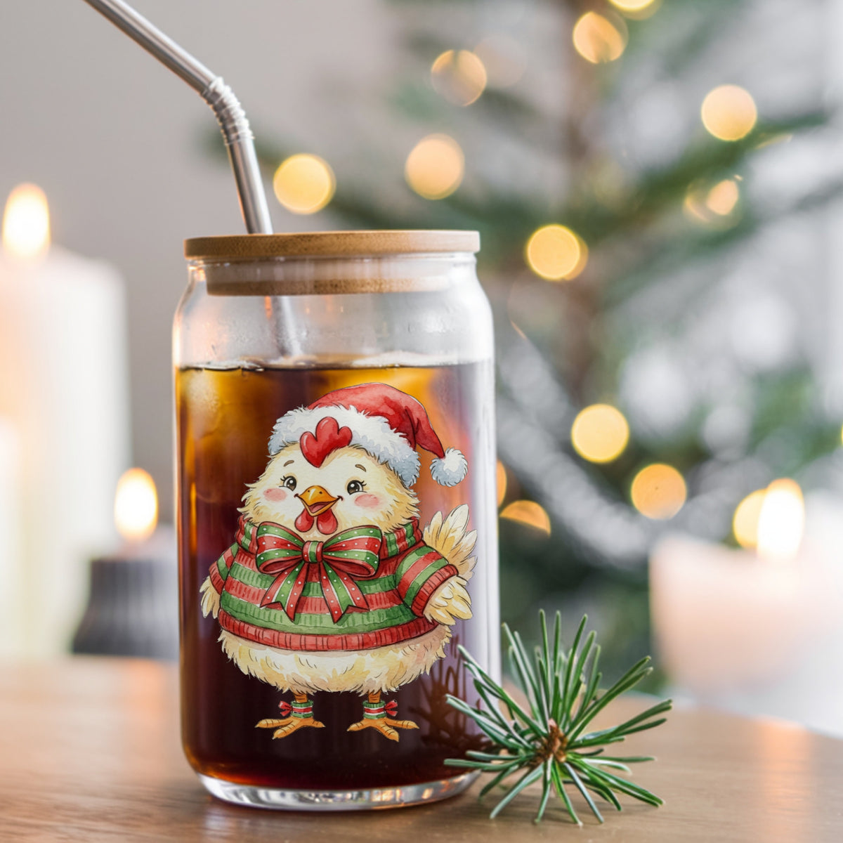 Chick In Striped Sweater With Bow UV DTF sticker applied to a glass can cup of iced coffee with a straw
