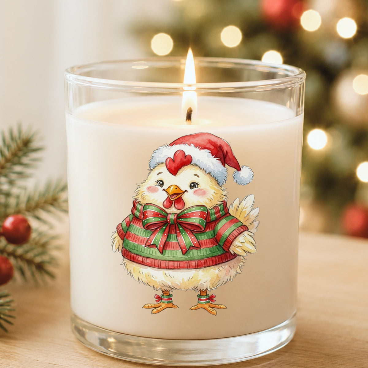 Chick In Striped Sweater With Bow UV DTF sticker applied to a white candle in a glass holder near Christmas lights