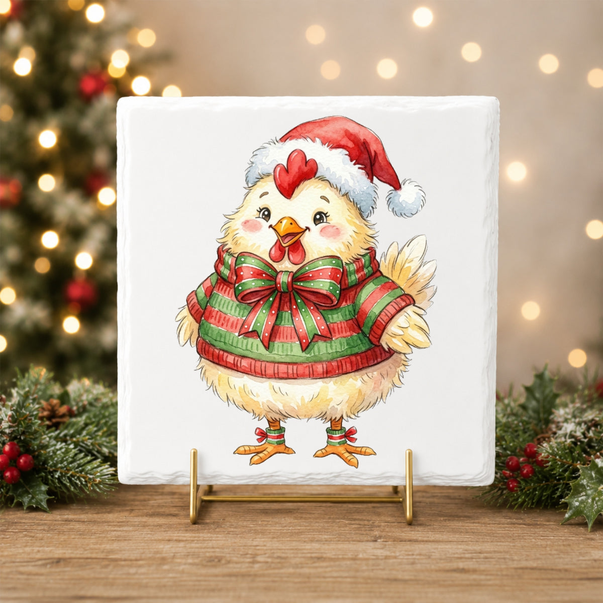 Chick In Striped Sweater With Bow UV DTF sticker applied to a white tile on a gold stand