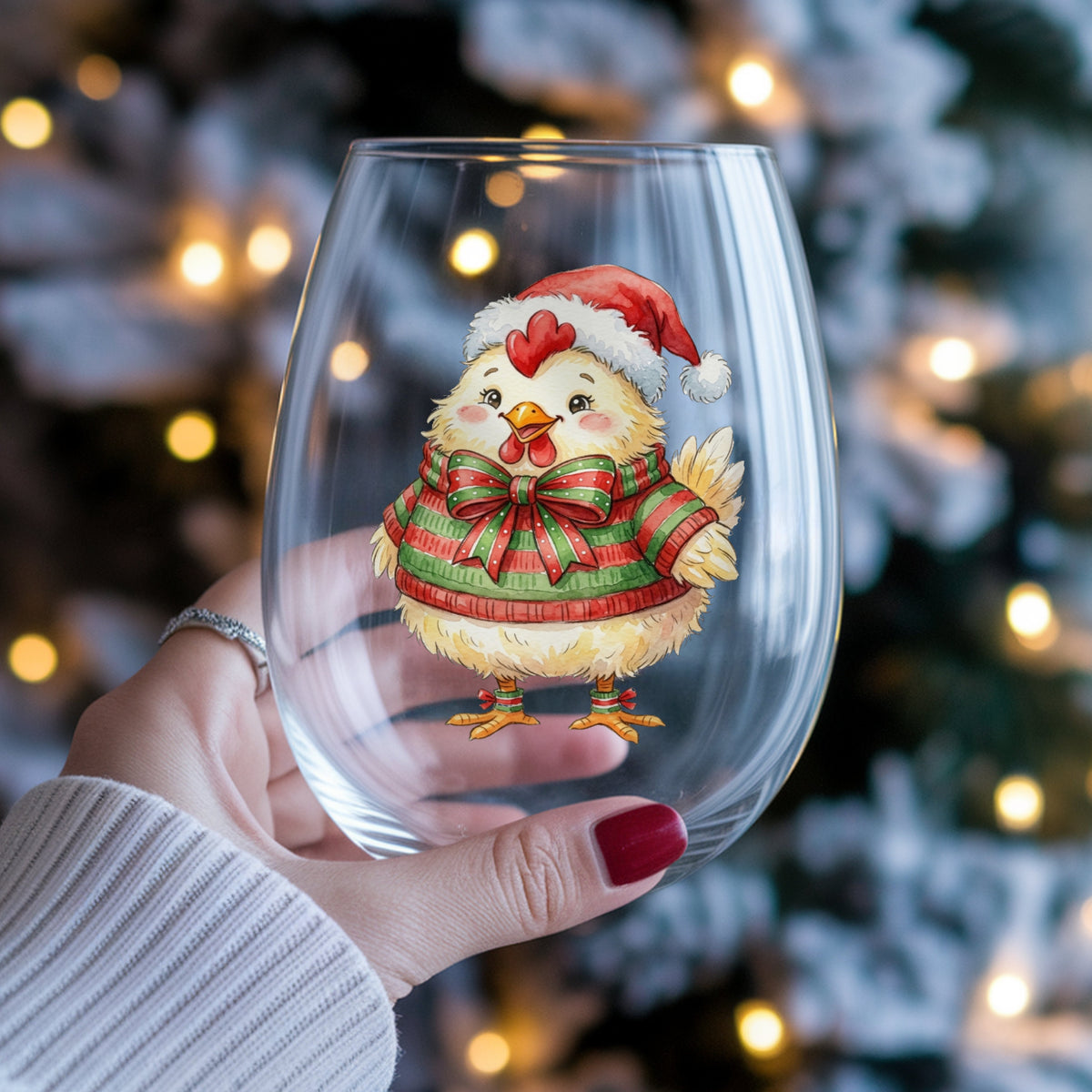 Chick In Striped Sweater With Bow UV DTF sticker applied to a stemless wine glass held in hand