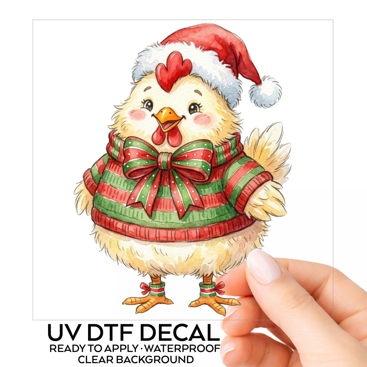 Chick In Striped Sweater With Bow UV DTF sticker on its backing card, held in hand
