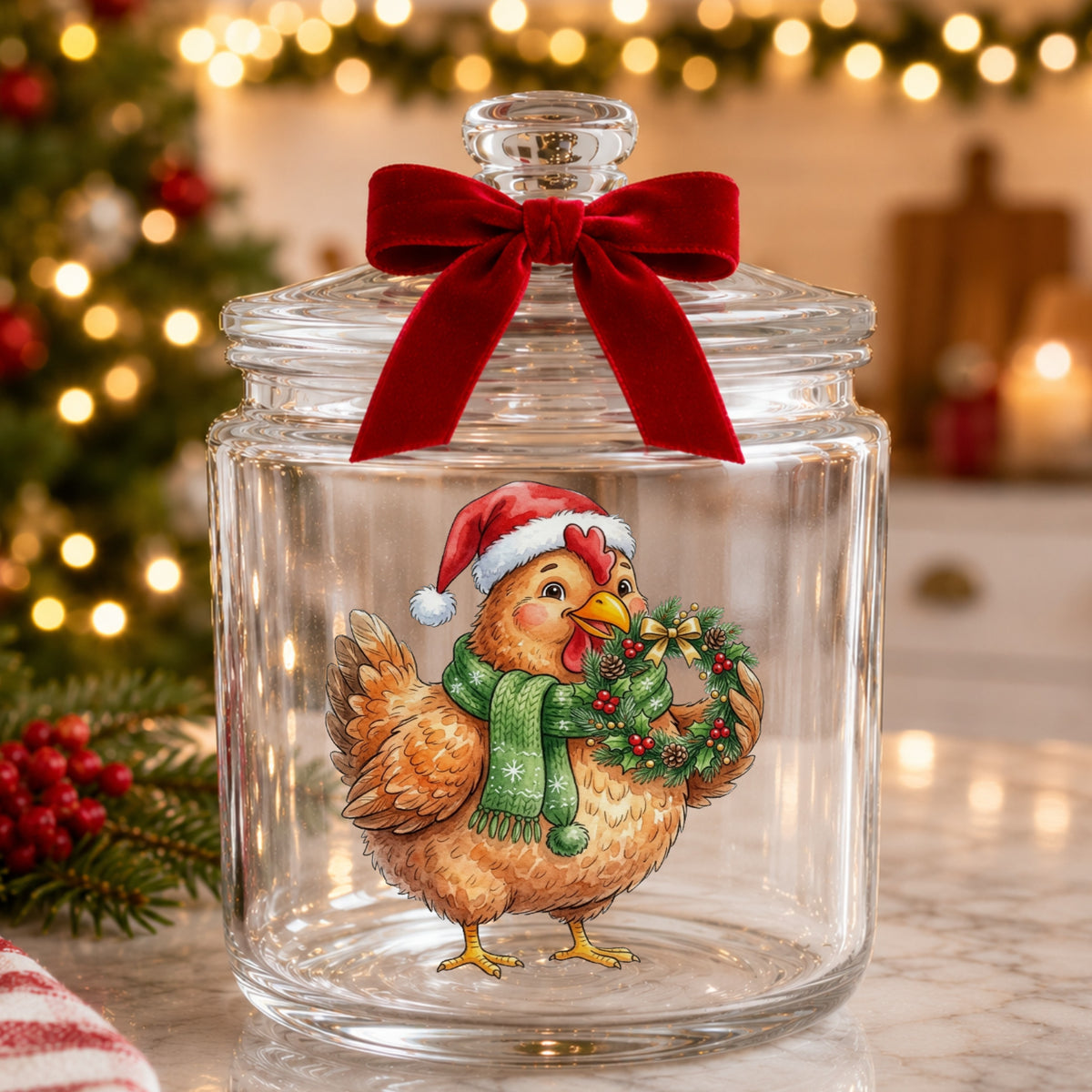 Hen Holding Holly Wreath UV DTF sticker applied to a glass candy jar tied with a red bow