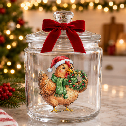 Hen Holding Holly Wreath UV DTF sticker applied to a glass candy jar tied with a red bow