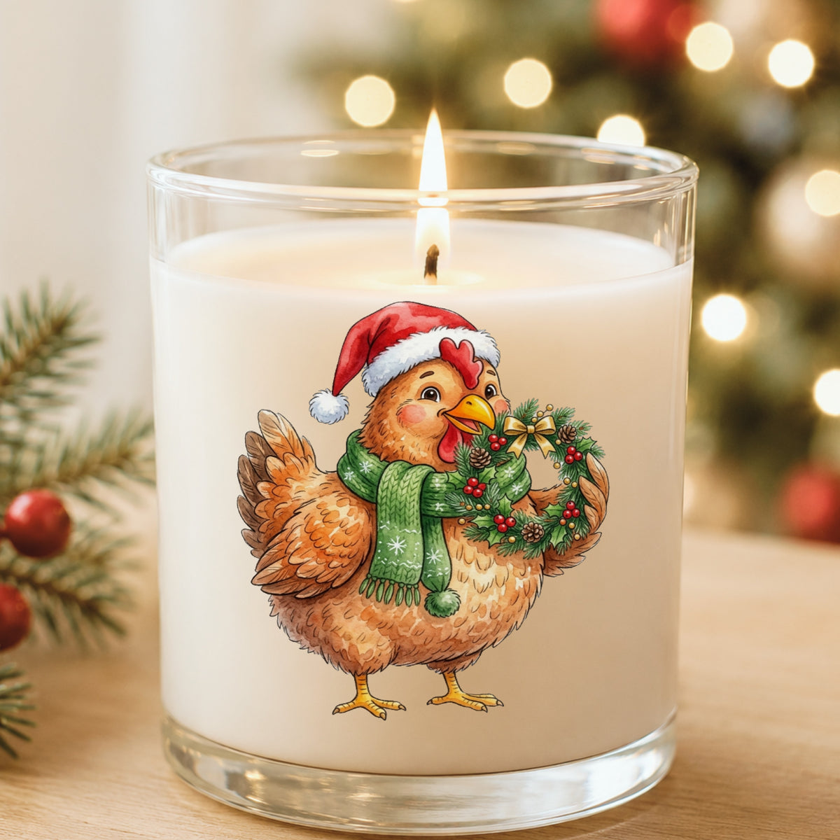 Hen Holding Holly Wreath UV DTF sticker applied to a white candle in a glass holder near Christmas lights