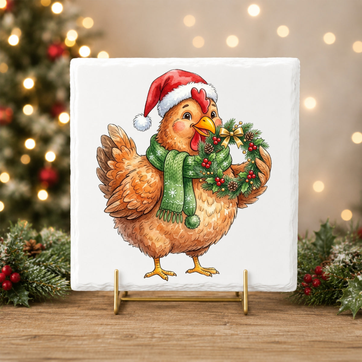 Hen Holding Holly Wreath UV DTF sticker applied to a white tile on a gold stand