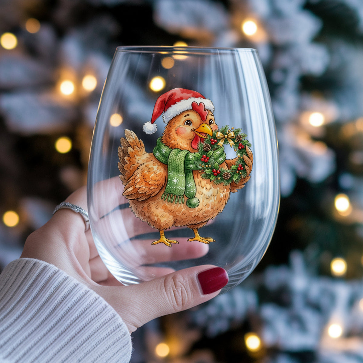 Hen Holding Holly Wreath UV DTF sticker applied to a stemless wine glass held in hand