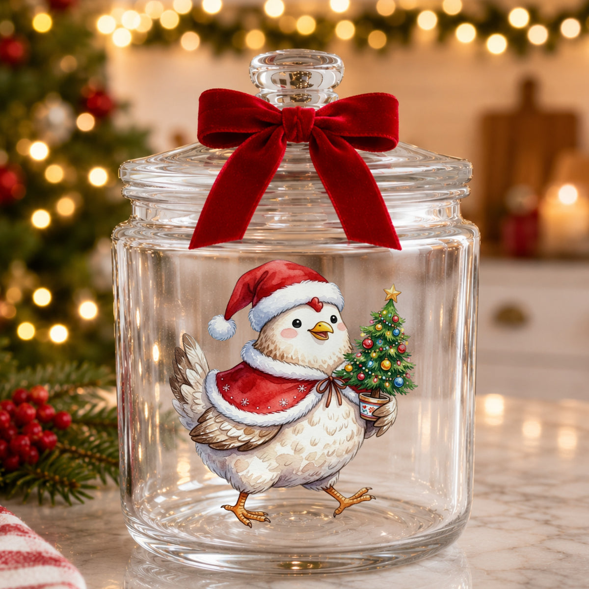 Chicken Carrying Small Christmas Tree UV DTF sticker applied to a glass candy jar tied with a red bow