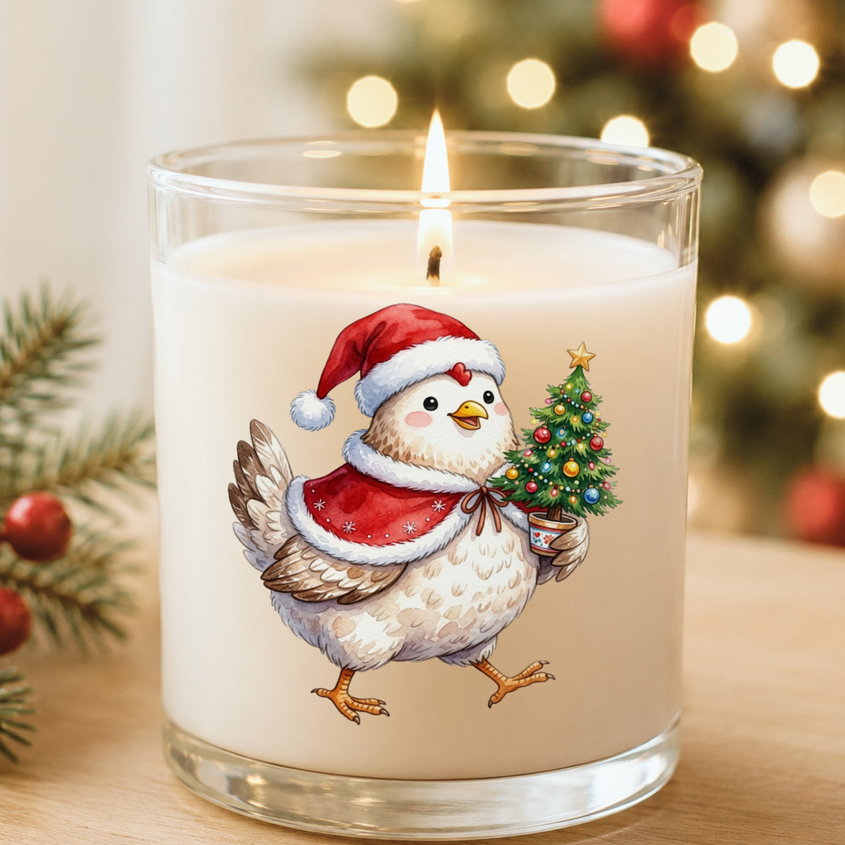Chicken Carrying Small Christmas Tree UV DTF sticker applied to a white candle in a glass holder near Christmas lights