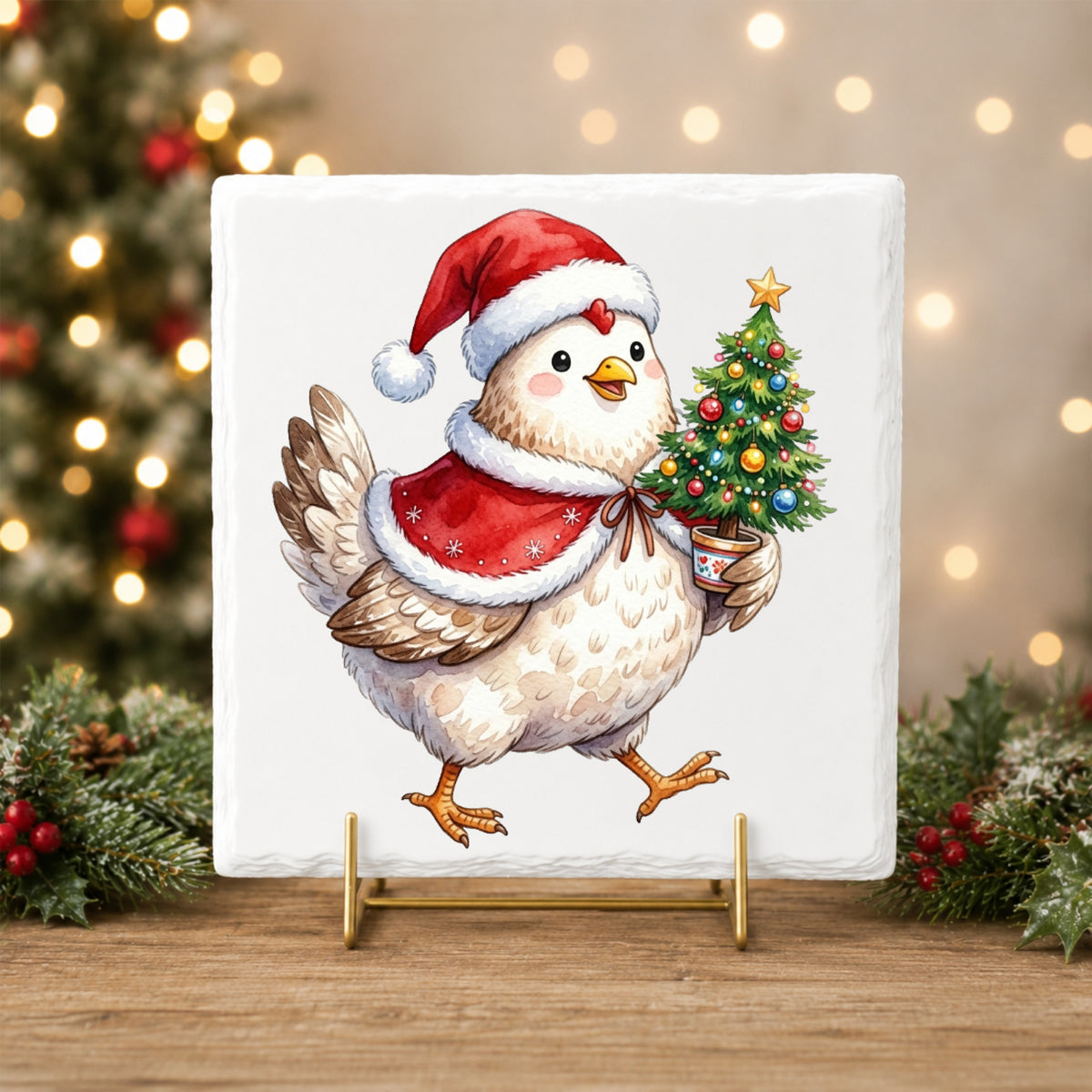 Chicken Carrying Small Christmas Tree UV DTF sticker applied to a white tile on a gold stand