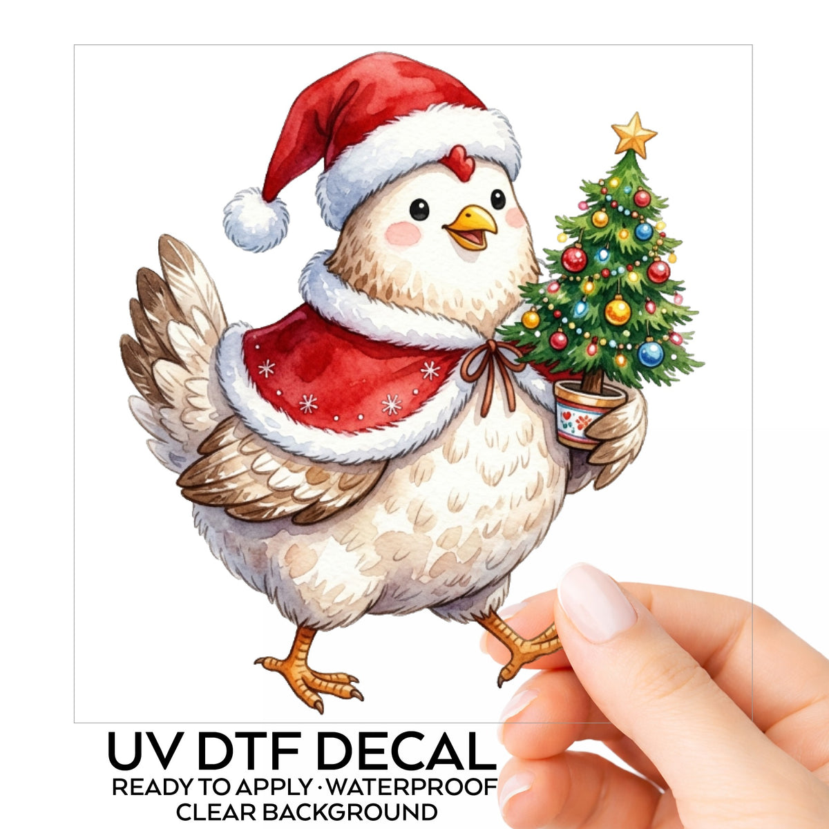 Chicken Carrying Small Christmas Tree UV DTF sticker on its backing card, held in hand