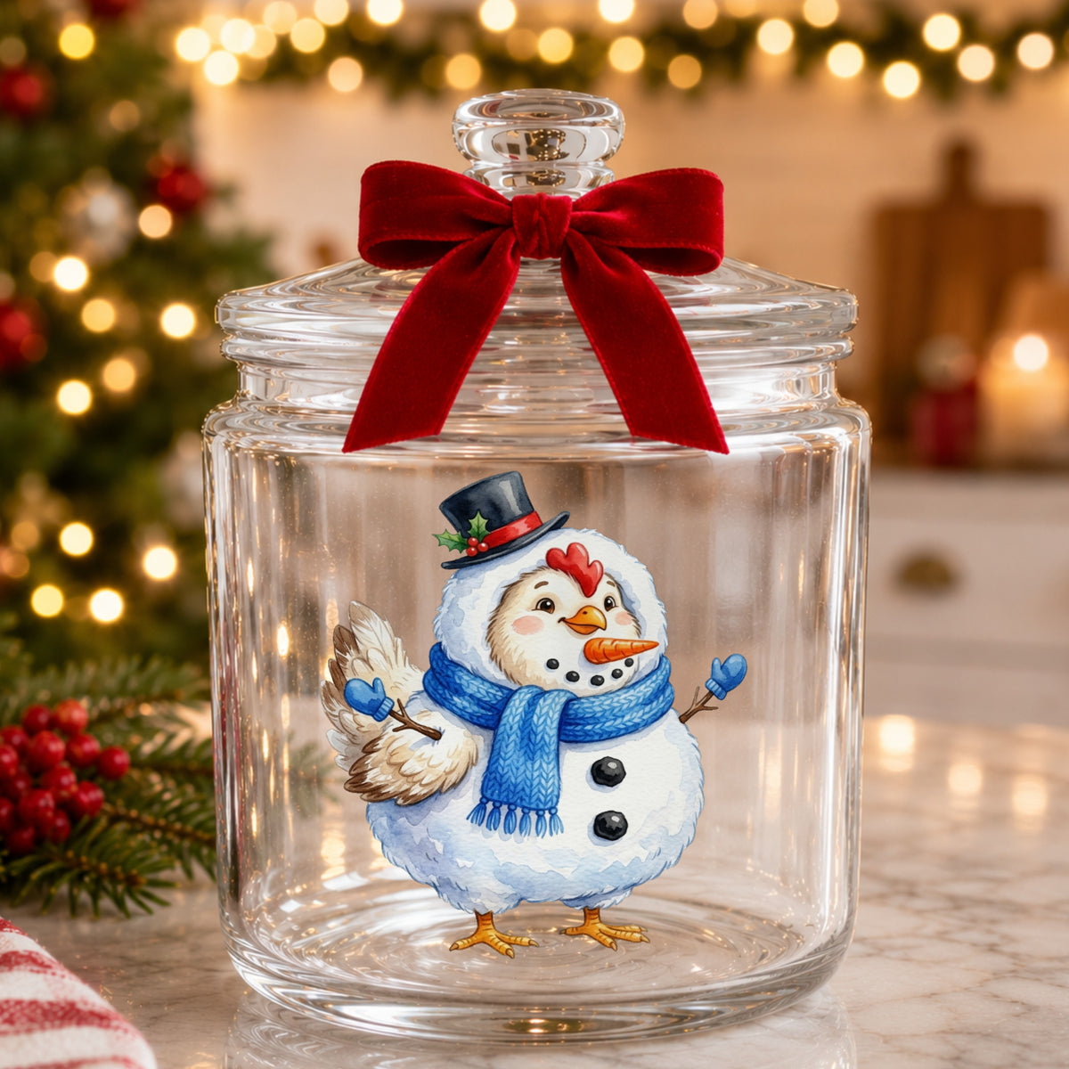 Chicken In Snowman Costume UV DTF sticker applied to a glass candy jar tied with a red bow
