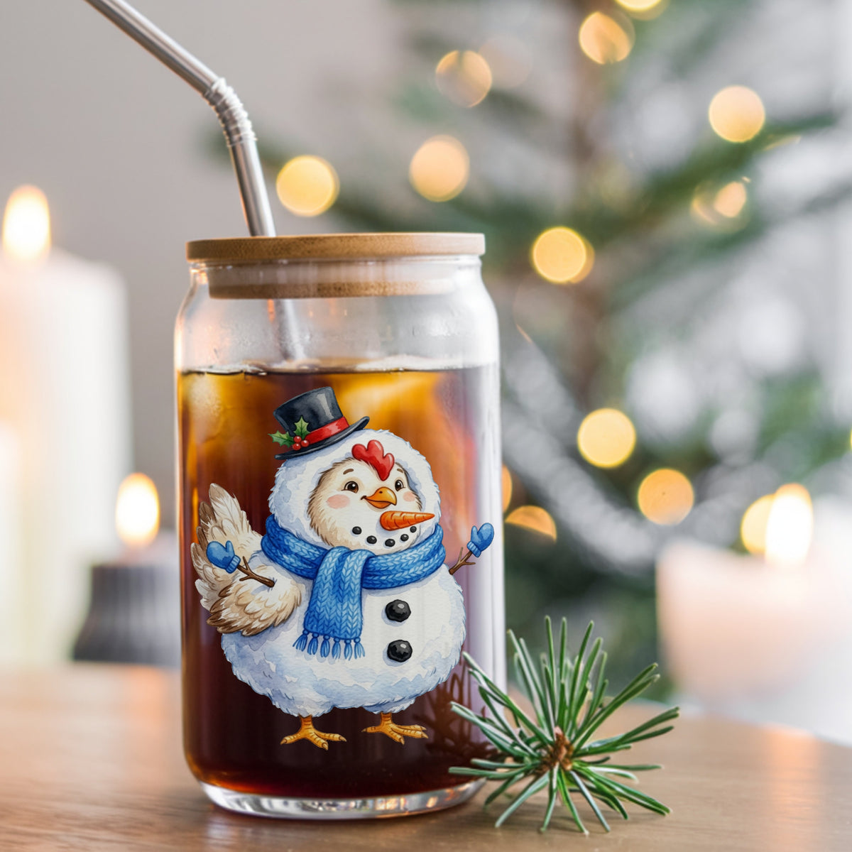Chicken In Snowman Costume UV DTF sticker applied to a glass can cup of iced coffee with a straw