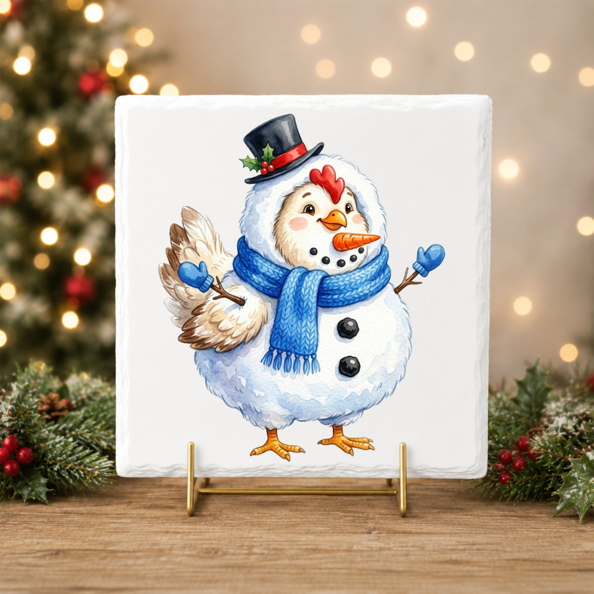 Chicken In Snowman Costume UV DTF sticker applied to a white tile on a gold stand