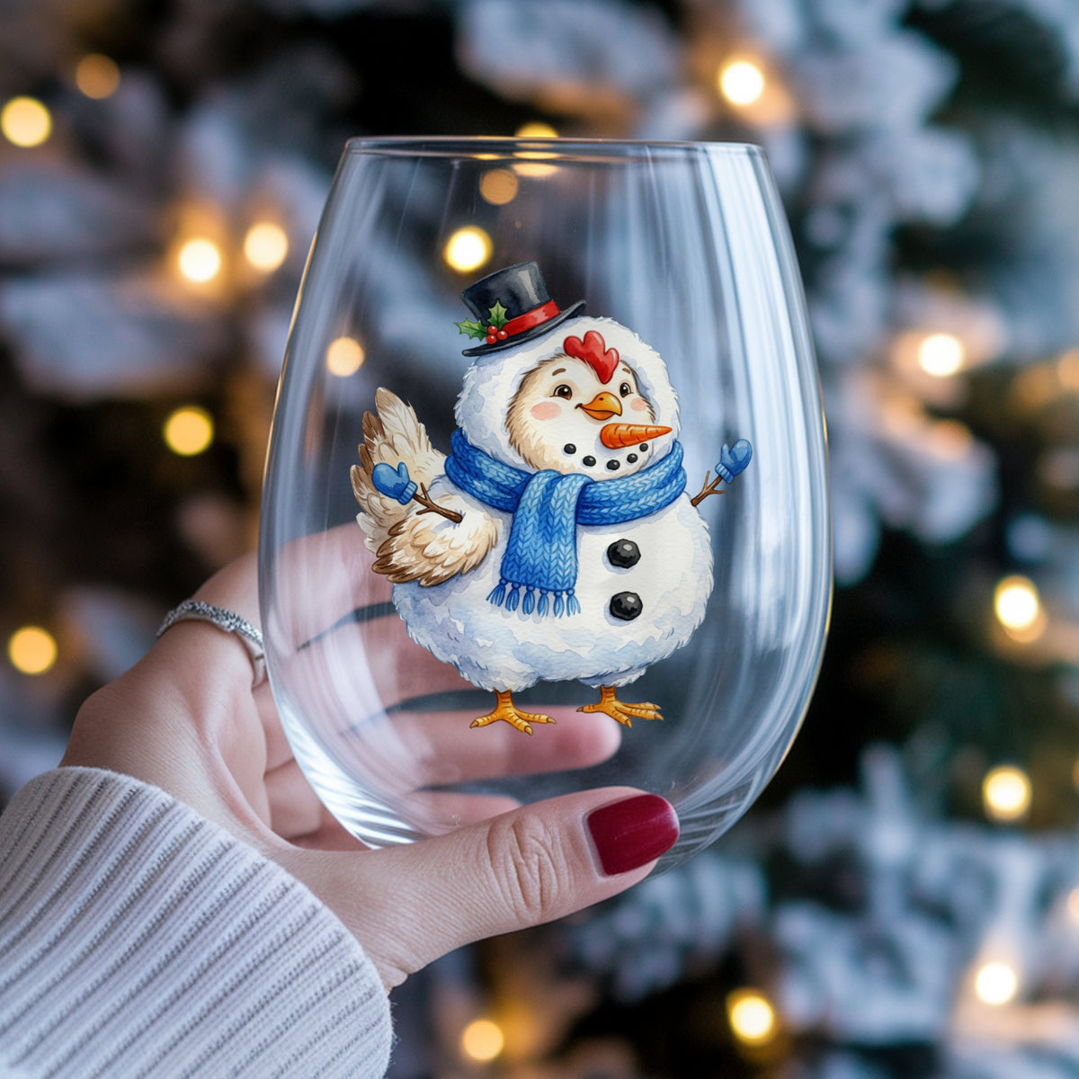 Chicken In Snowman Costume UV DTF sticker applied to a stemless wine glass held in hand