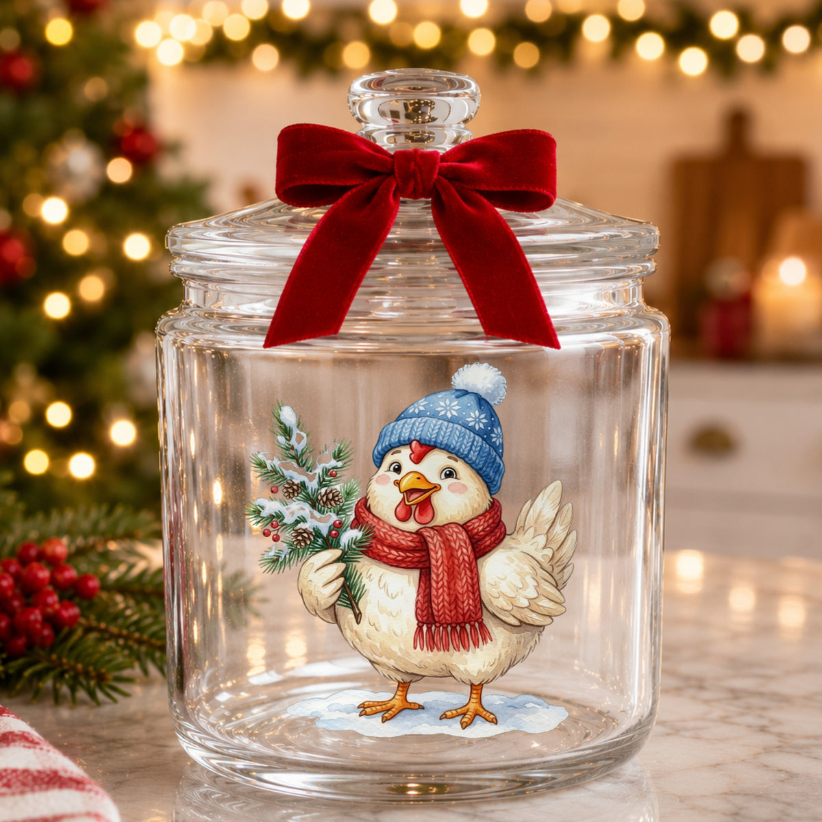 Blue Beanie Chicken With Pine Branch UV DTF sticker applied to a glass candy jar tied with a red bow