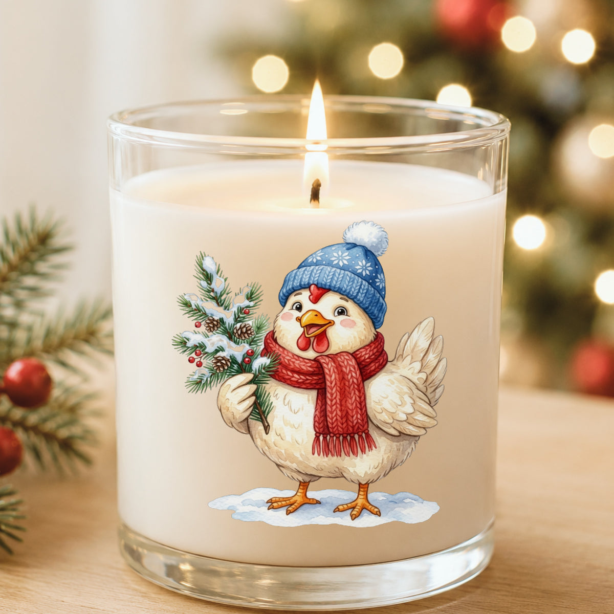 Blue Beanie Chicken With Pine Branch UV DTF sticker applied to a white candle in a glass holder near Christmas lights