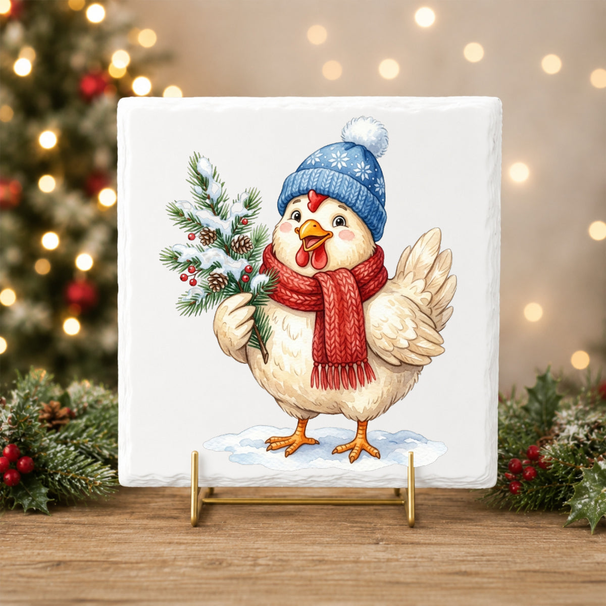 Blue Beanie Chicken With Pine Branch UV DTF sticker applied to a white tile on a gold stand