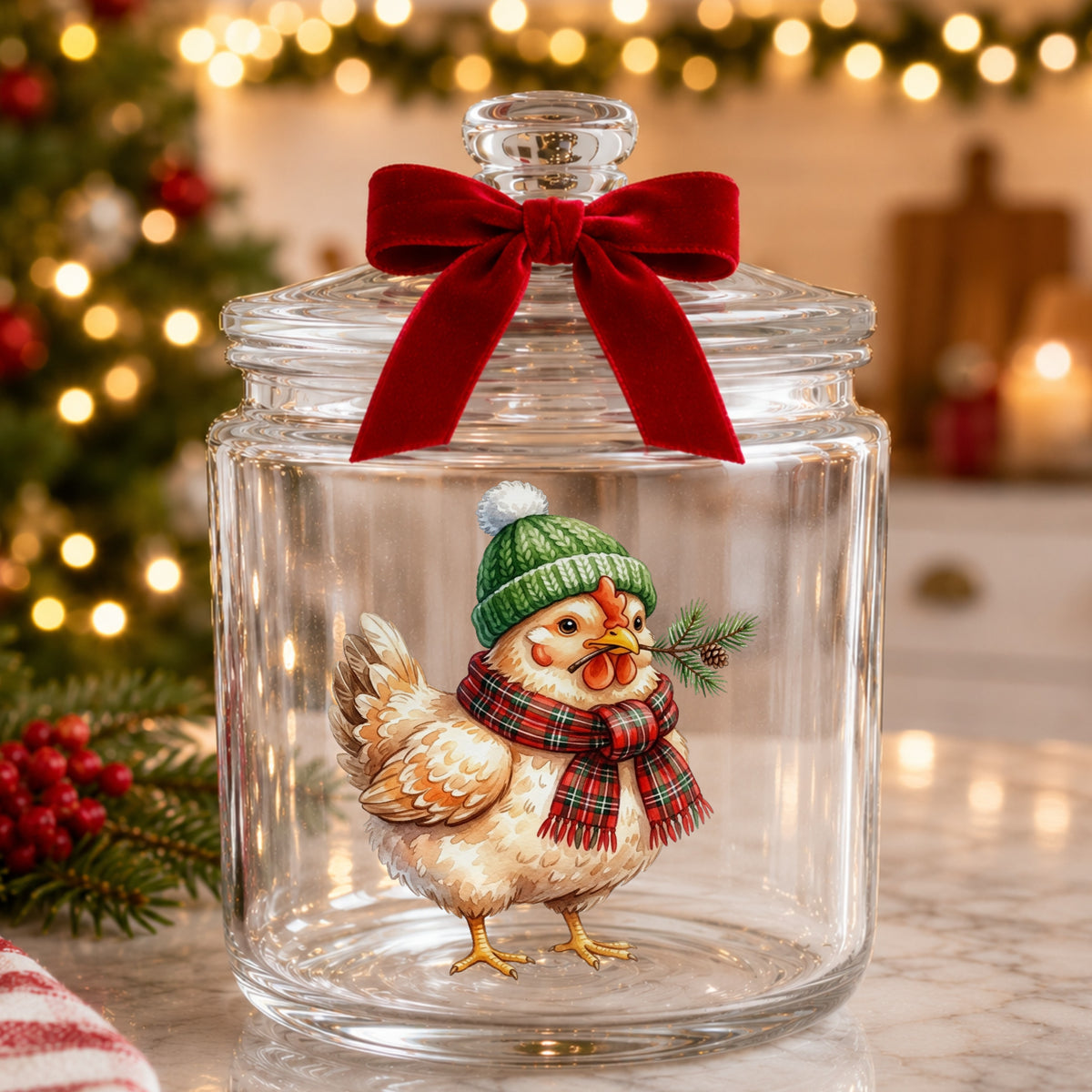 Plaid Scarf Hen With Pine Sprig UV DTF sticker applied to a glass candy jar tied with a red bow