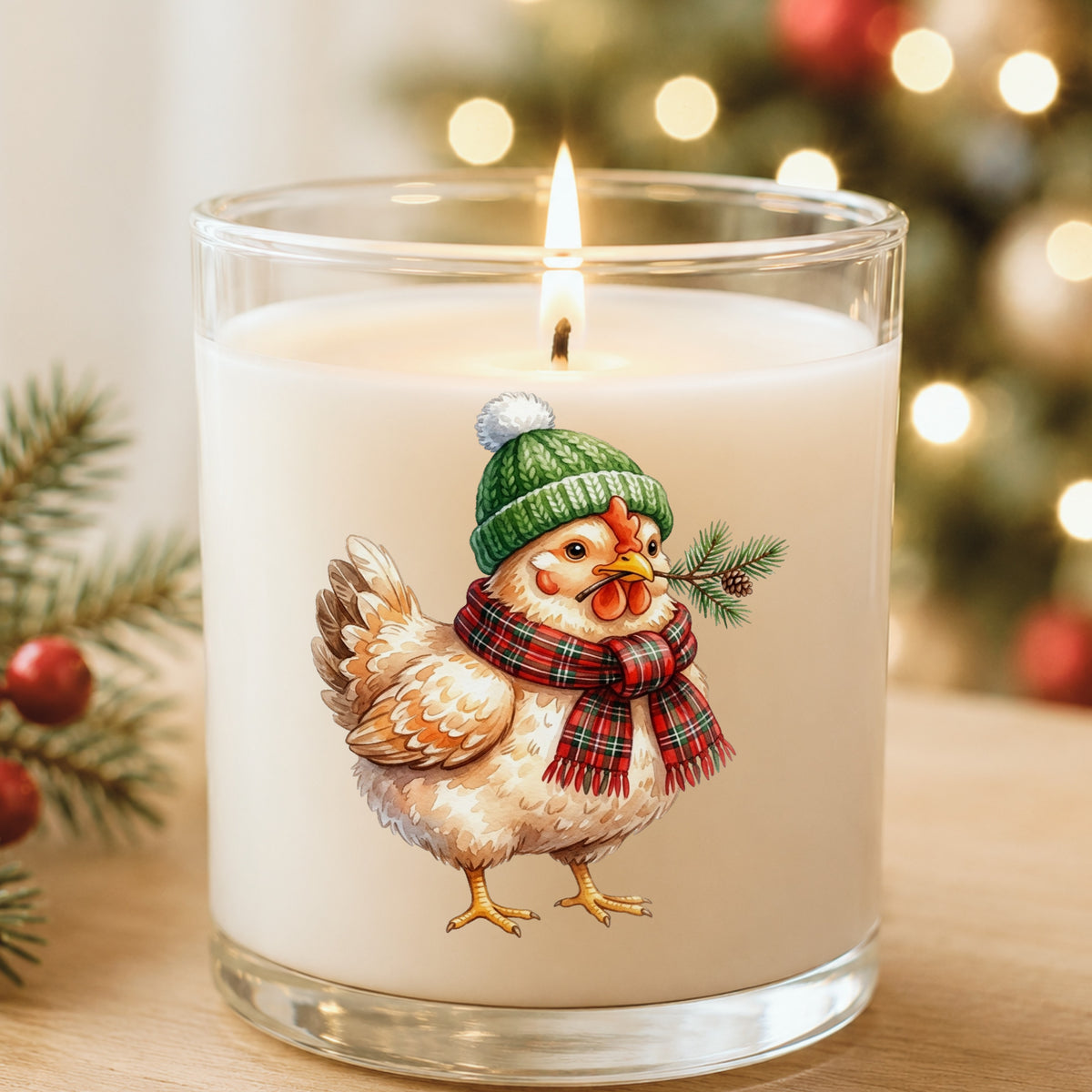 Plaid Scarf Hen With Pine Sprig UV DTF sticker applied to a white candle in a glass holder near Christmas lights