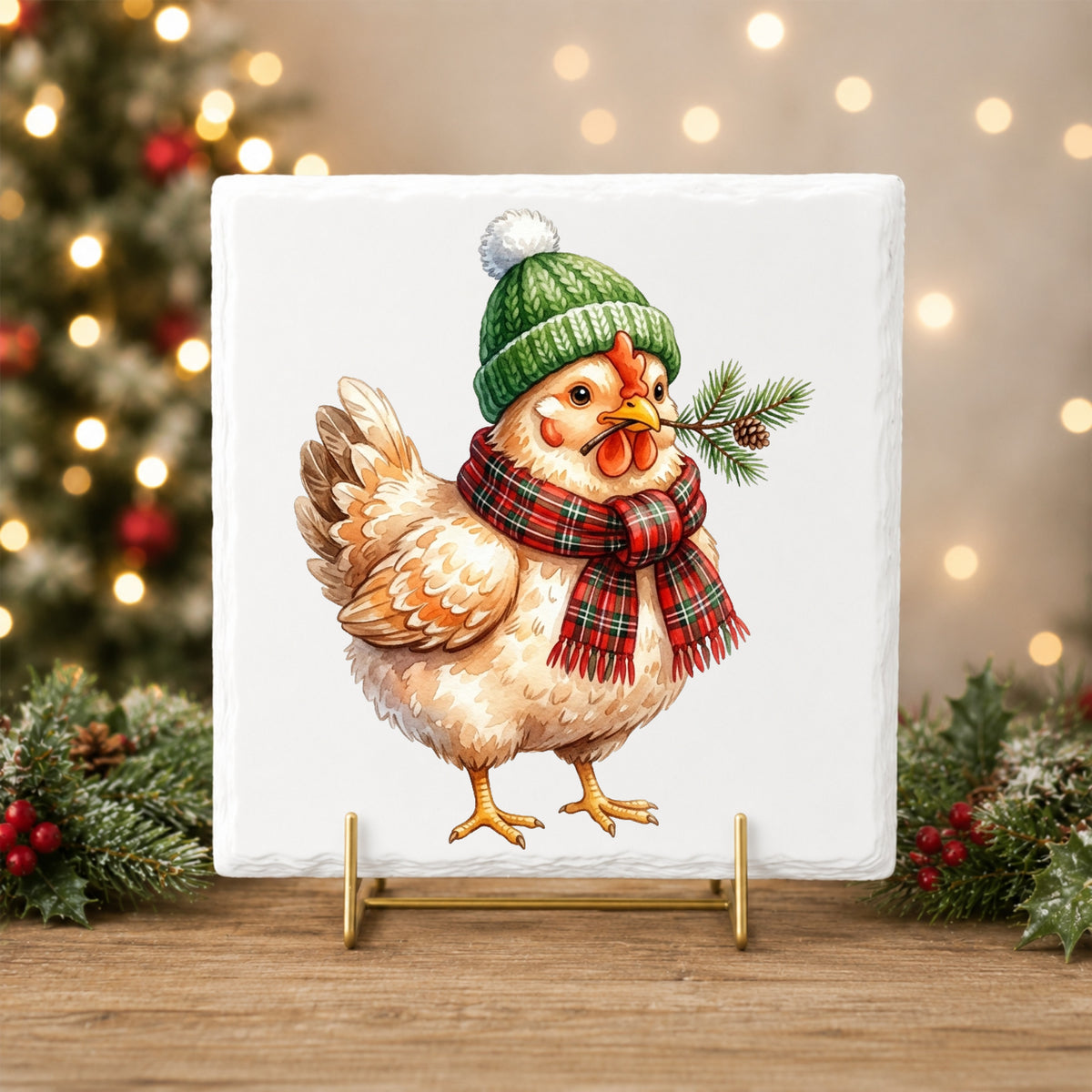 Plaid Scarf Hen With Pine Sprig UV DTF sticker applied to a white tile on a gold stand