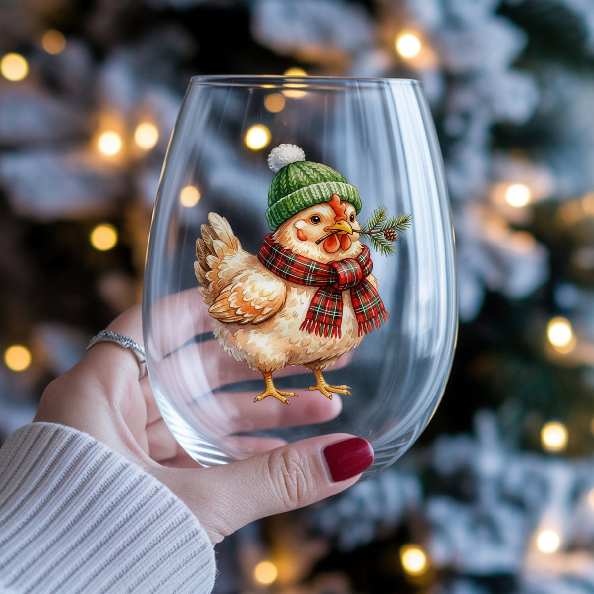 Plaid Scarf Hen With Pine Sprig UV DTF sticker applied to a stemless wine glass held in hand