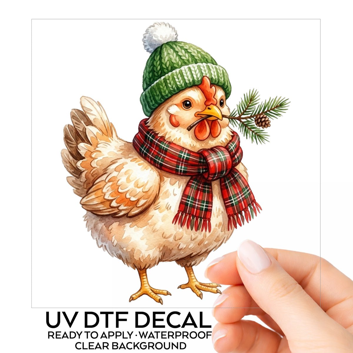 Plaid Scarf Hen With Pine Sprig UV DTF sticker on its backing card, held in hand