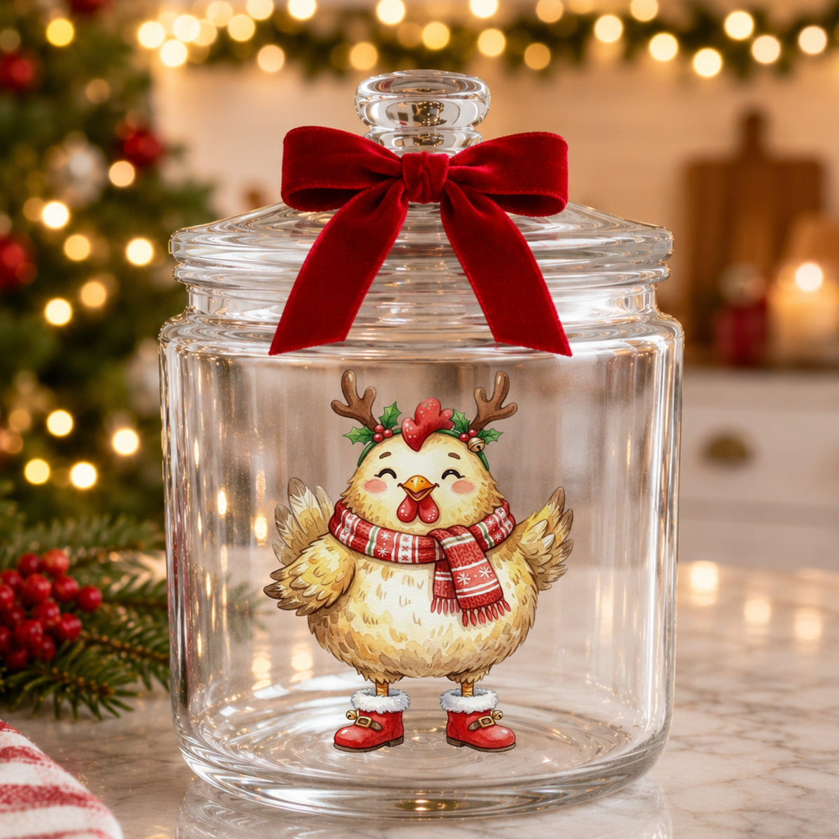Yellow Chicken With Antlers And Red Boots UV DTF sticker applied to a glass candy jar tied with a red bow