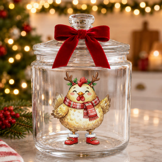 Yellow Chicken With Antlers And Red Boots UV DTF sticker applied to a glass candy jar tied with a red bow