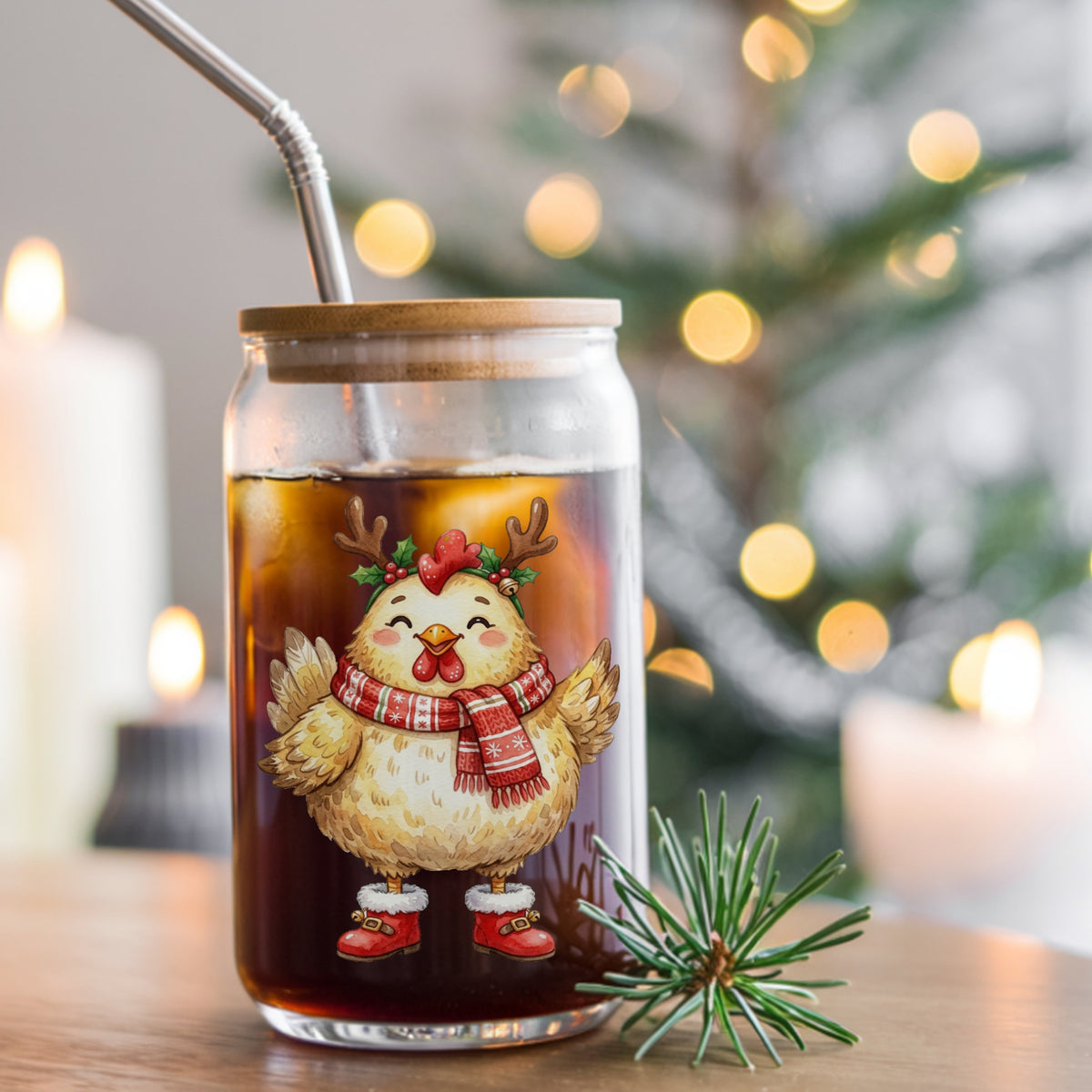 Yellow Chicken With Antlers And Red Boots UV DTF sticker applied to a glass can cup of iced coffee with a straw