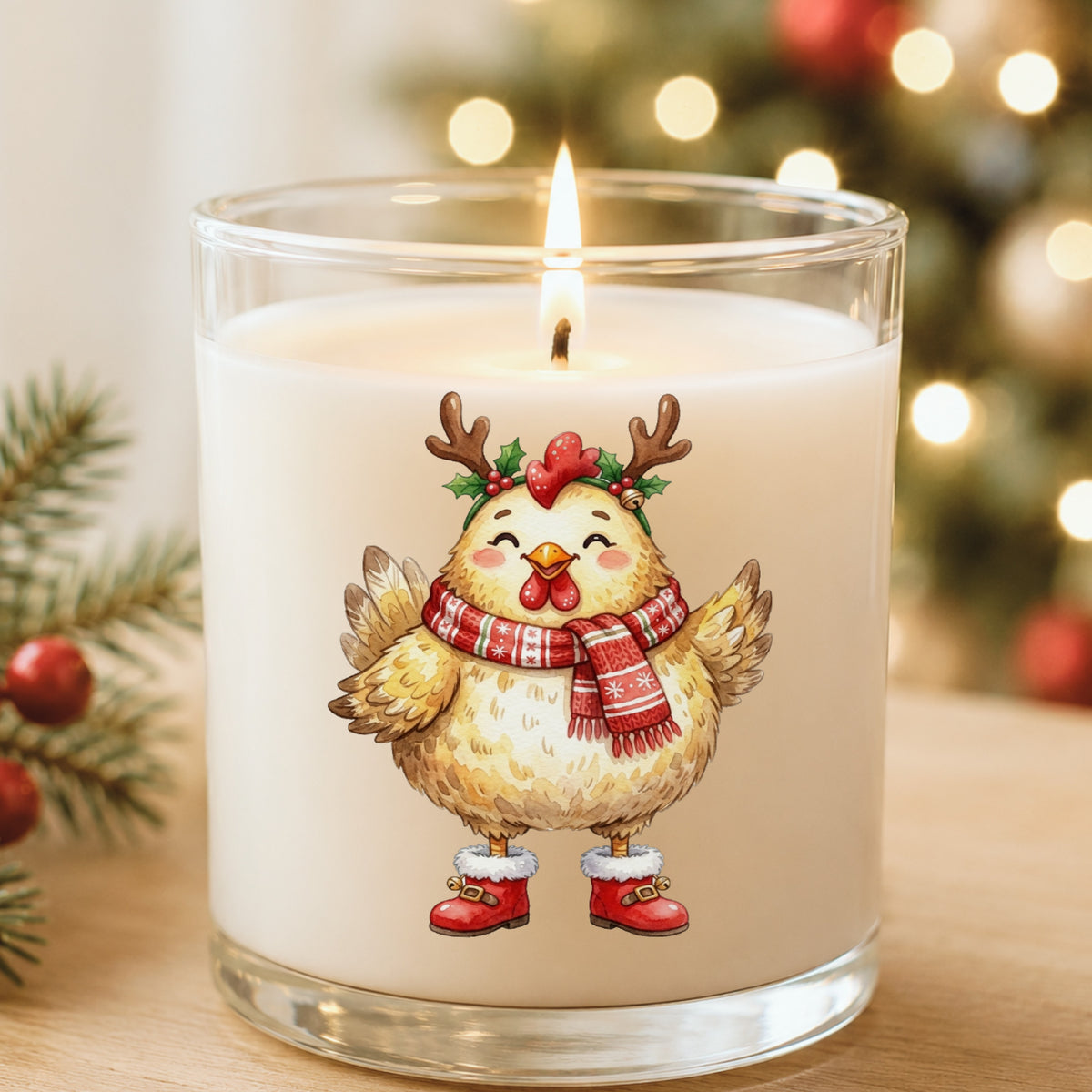 Yellow Chicken With Antlers And Red Boots UV DTF sticker applied to a white candle in a glass holder near Christmas lights