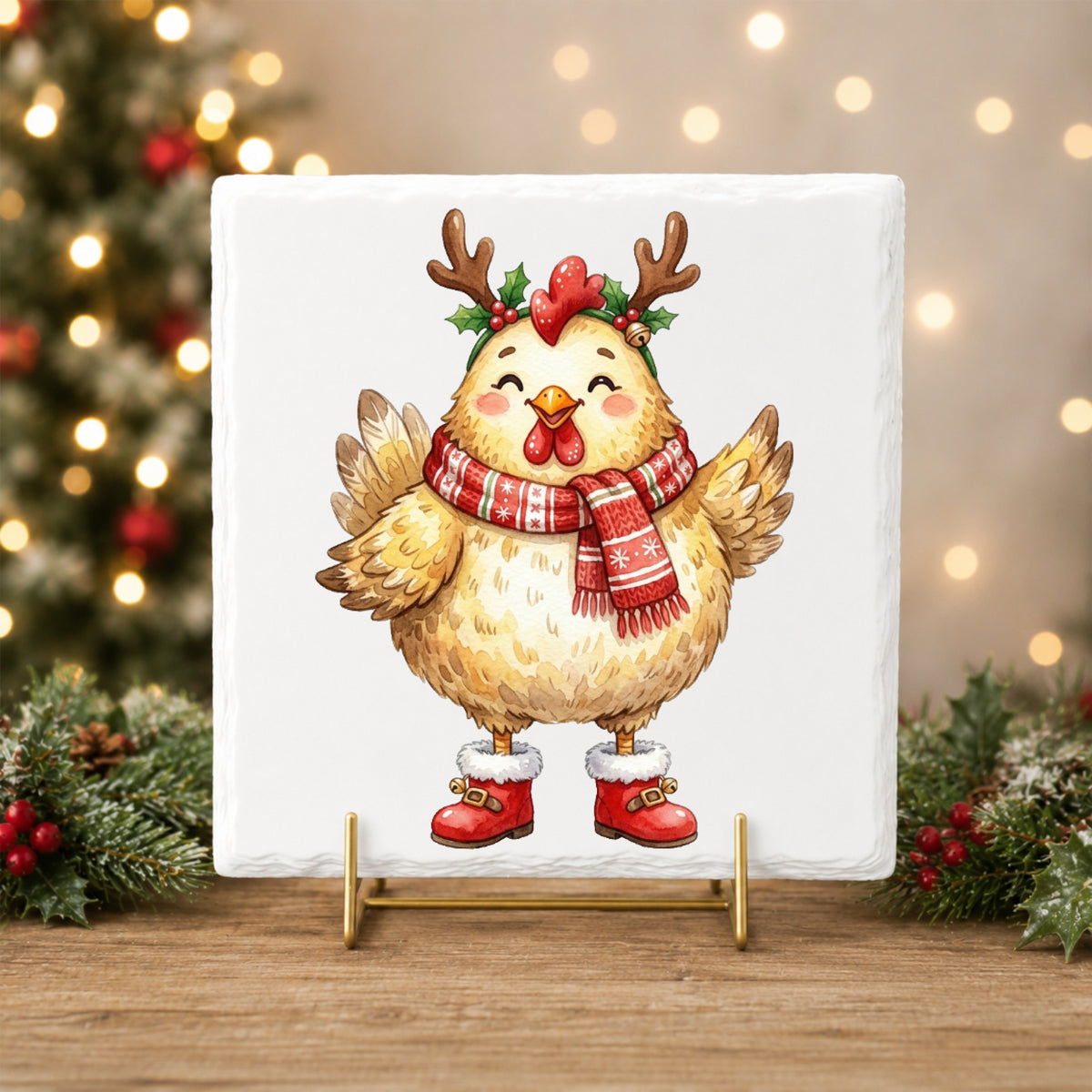 Yellow Chicken With Antlers And Red Boots UV DTF sticker applied to a white tile on a gold stand