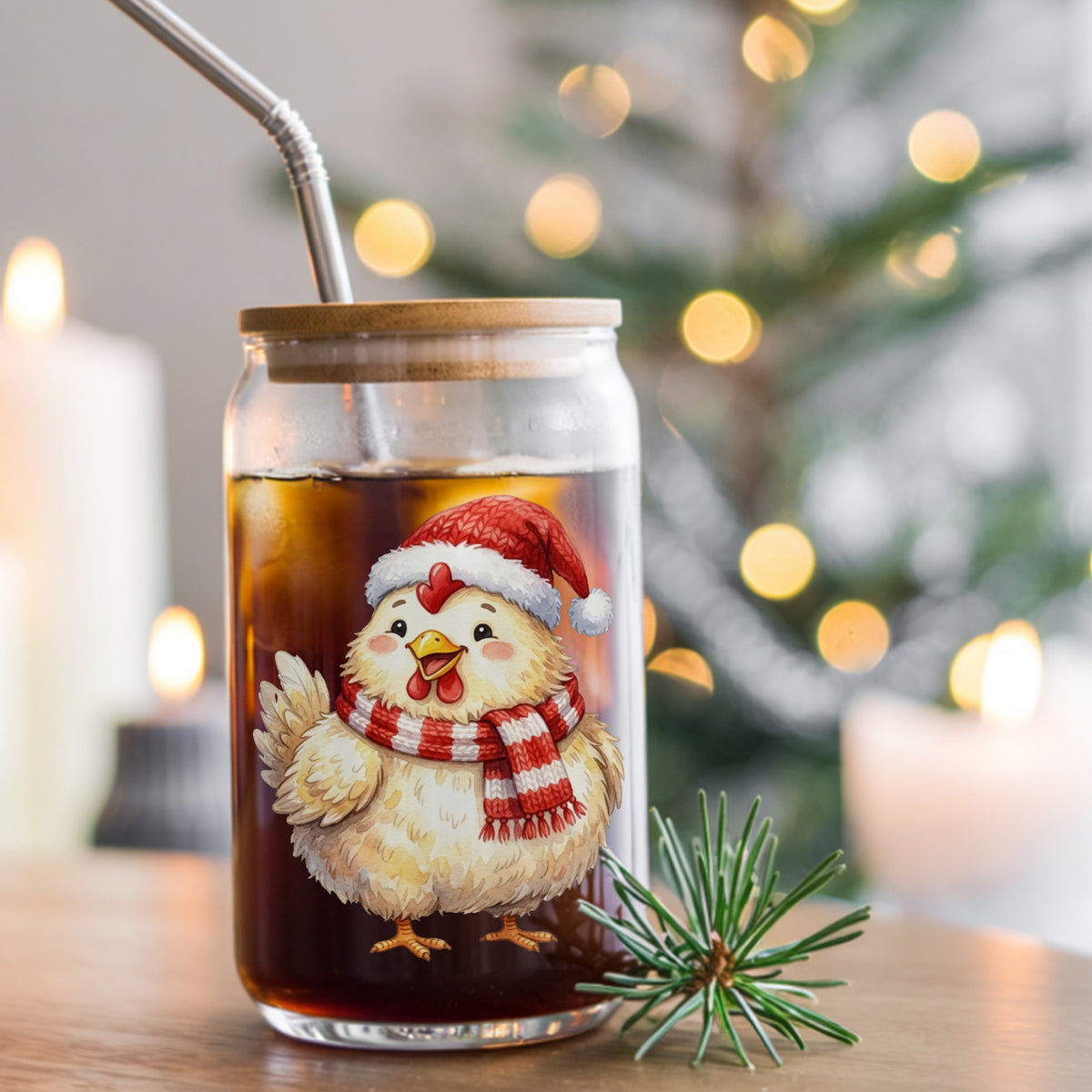 Santa Hat Chicken In Striped Scarf UV DTF sticker applied to a glass can cup of iced coffee with a straw