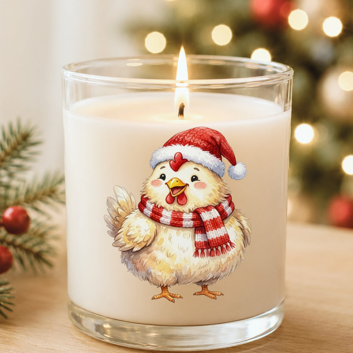 Santa Hat Chicken In Striped Scarf UV DTF sticker applied to a white candle in a glass holder near Christmas lights