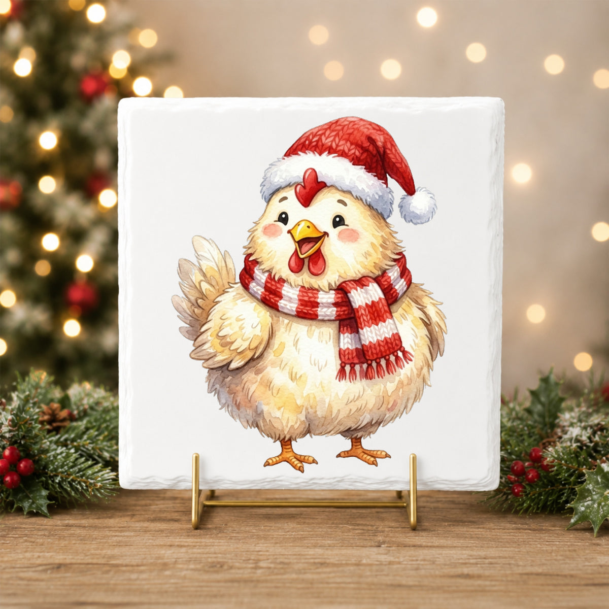 Santa Hat Chicken In Striped Scarf UV DTF sticker applied to a white tile on a gold stand