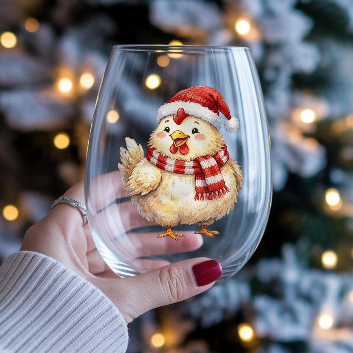 Santa Hat Chicken In Striped Scarf UV DTF sticker applied to a stemless wine glass held in hand