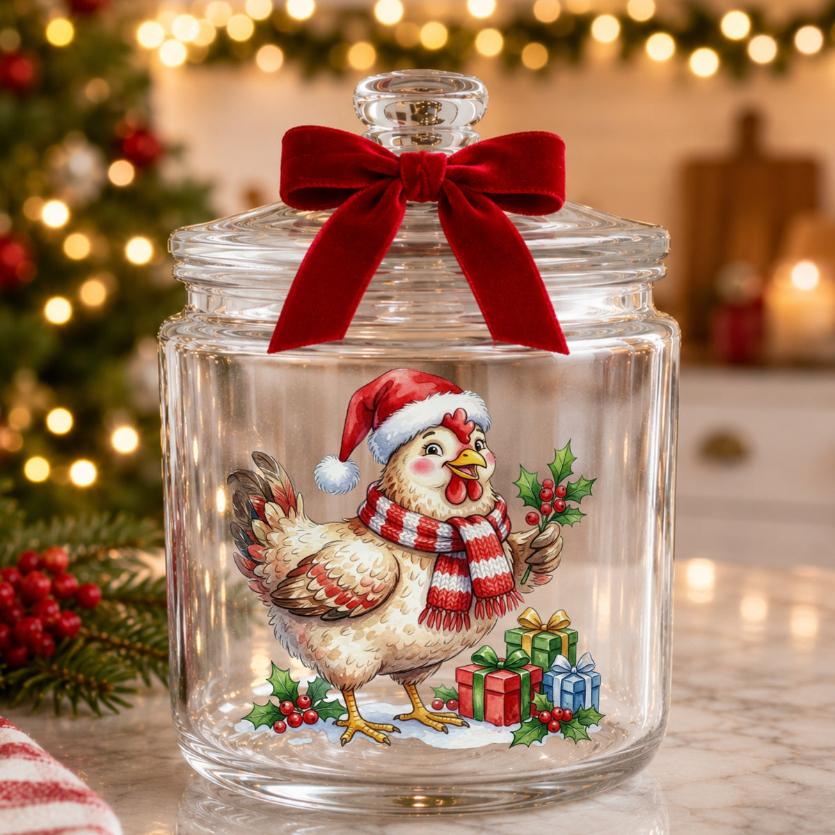 Hen With Holly And Presents UV DTF sticker applied to a glass candy jar tied with a red bow