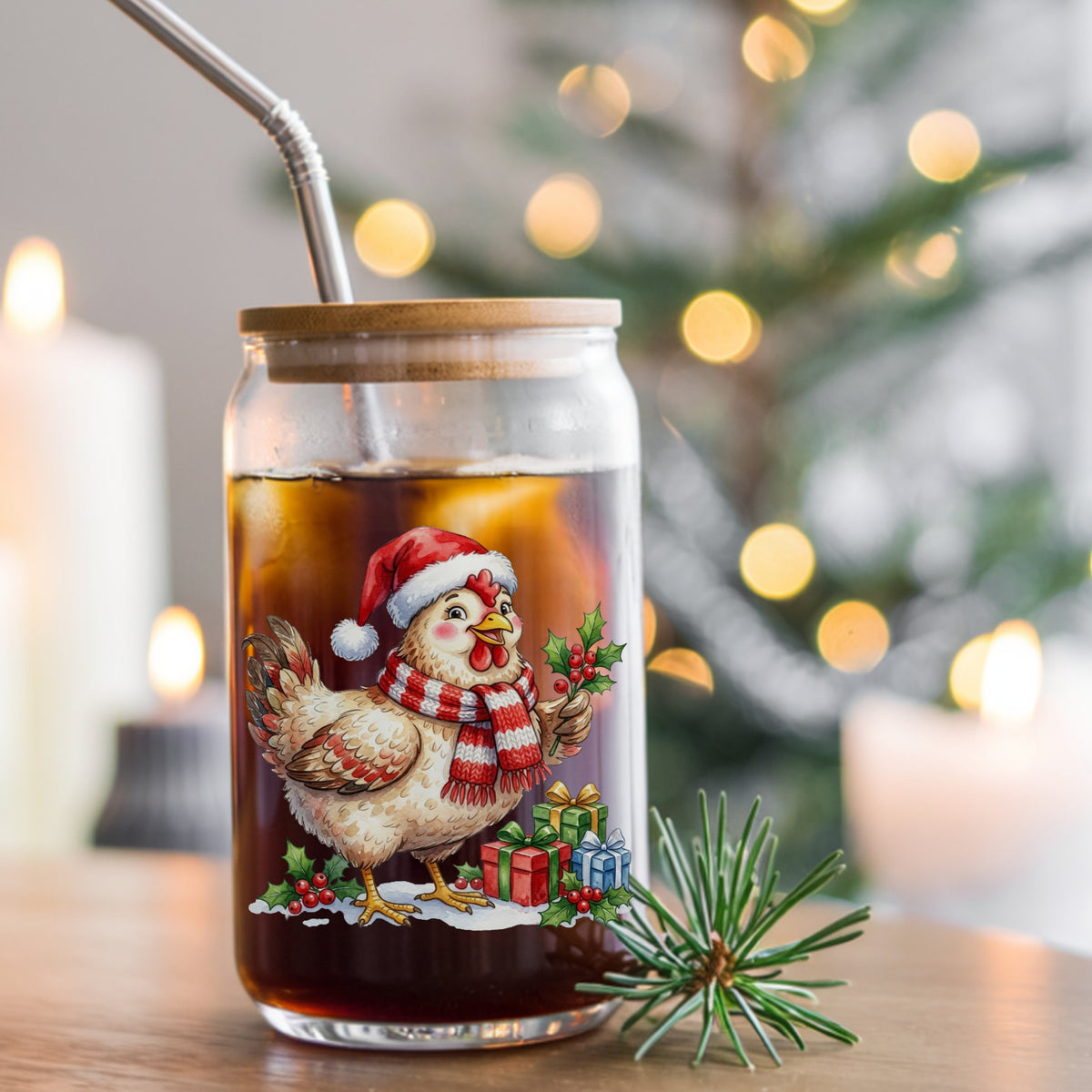 Hen With Holly And Presents UV DTF sticker applied to a glass can cup of iced coffee with a straw