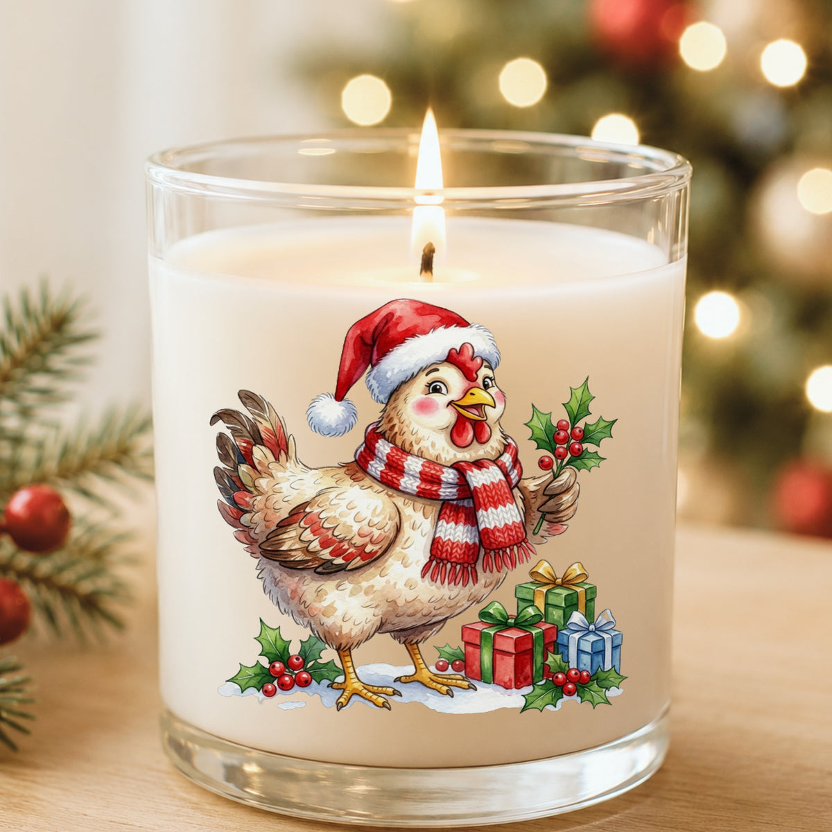 Hen With Holly And Presents UV DTF sticker applied to a white candle in a glass holder near Christmas lights