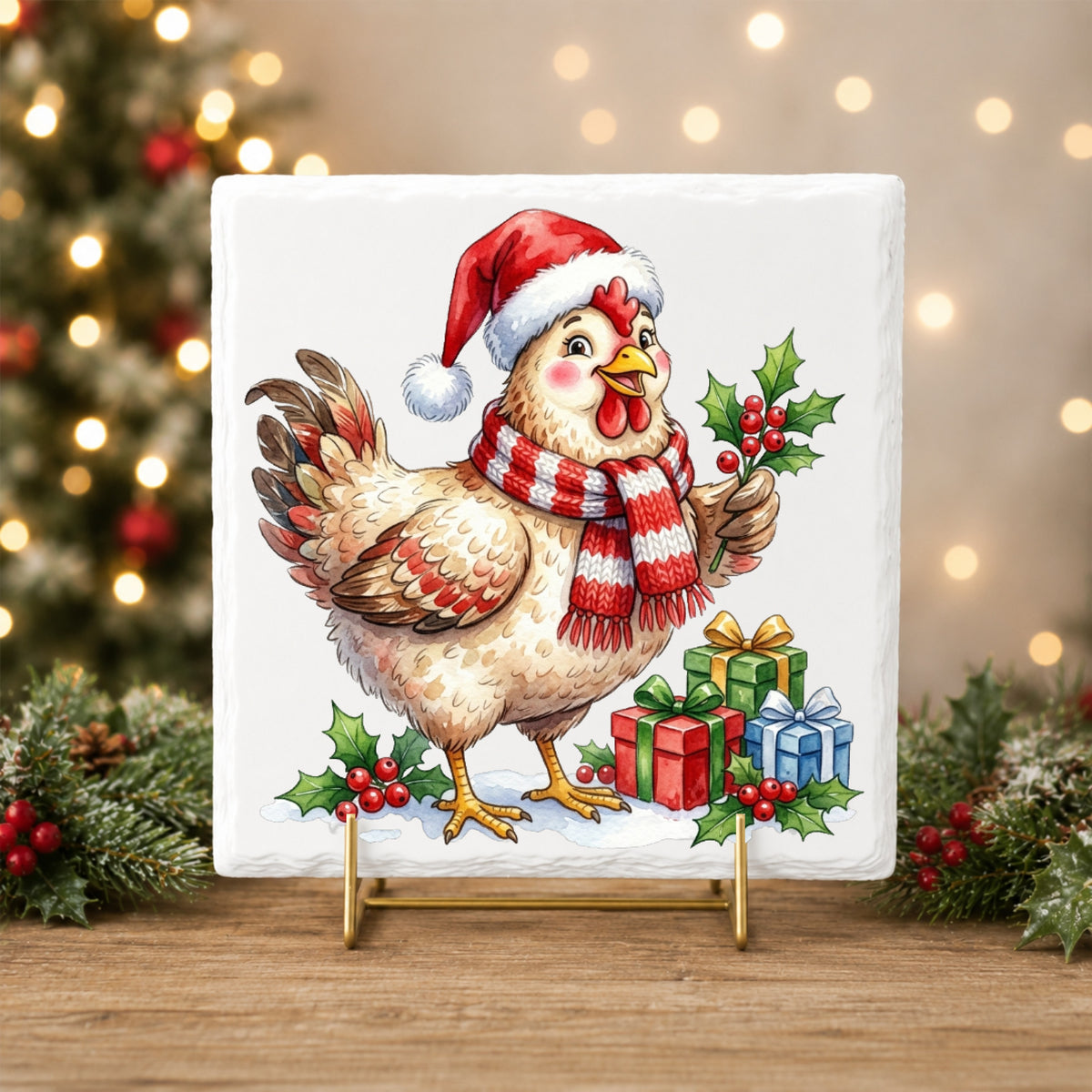 Hen With Holly And Presents UV DTF sticker applied to a white tile on a gold stand