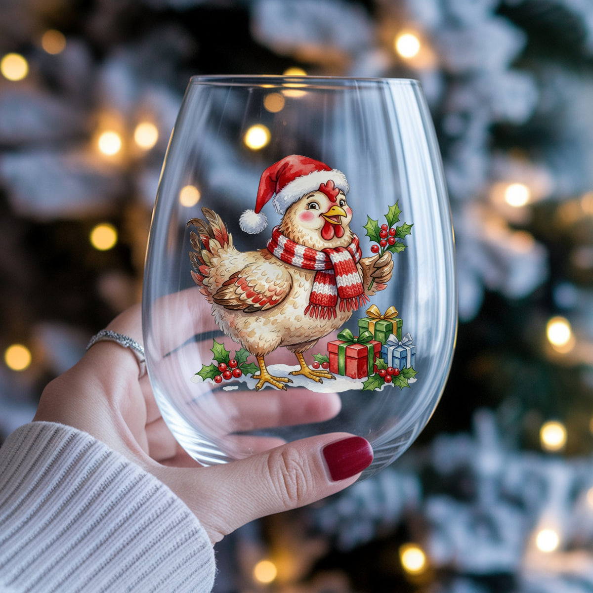 Hen With Holly And Presents UV DTF sticker applied to a stemless wine glass held in hand