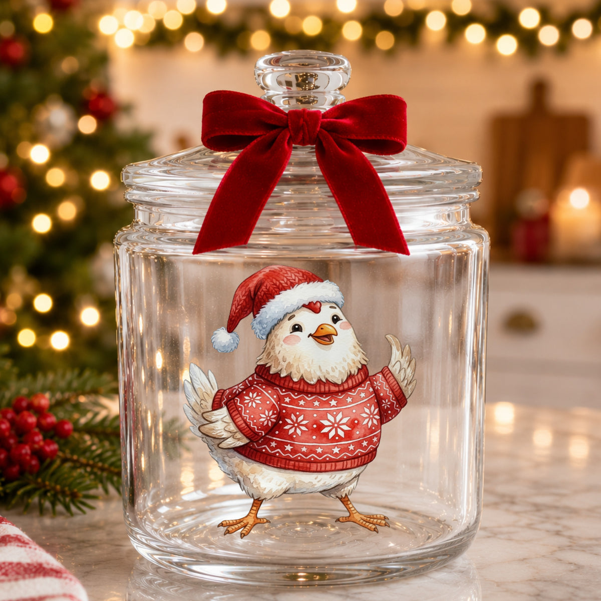 Chicken In Red Nordic Sweater UV DTF sticker applied to a glass candy jar tied with a red bow