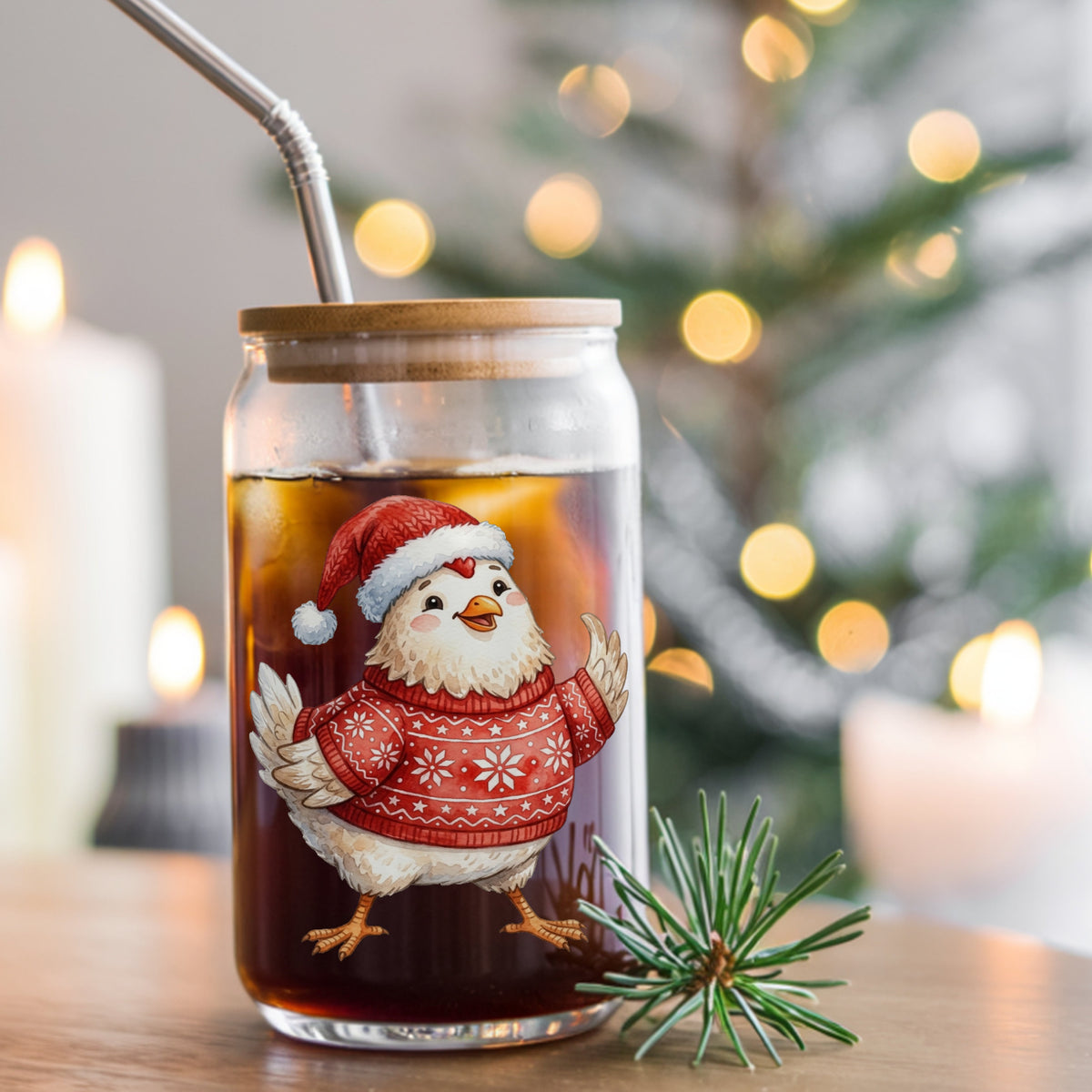 Chicken In Red Nordic Sweater UV DTF sticker applied to a glass can cup of iced coffee with a straw