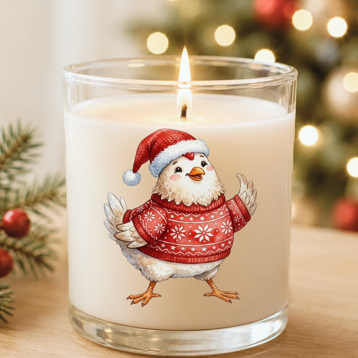 Chicken In Red Nordic Sweater UV DTF sticker applied to a white candle in a glass holder near Christmas lights