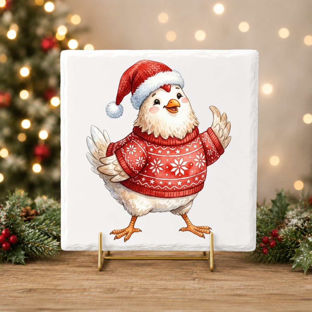 Chicken In Red Nordic Sweater UV DTF sticker applied to a white tile on a gold stand